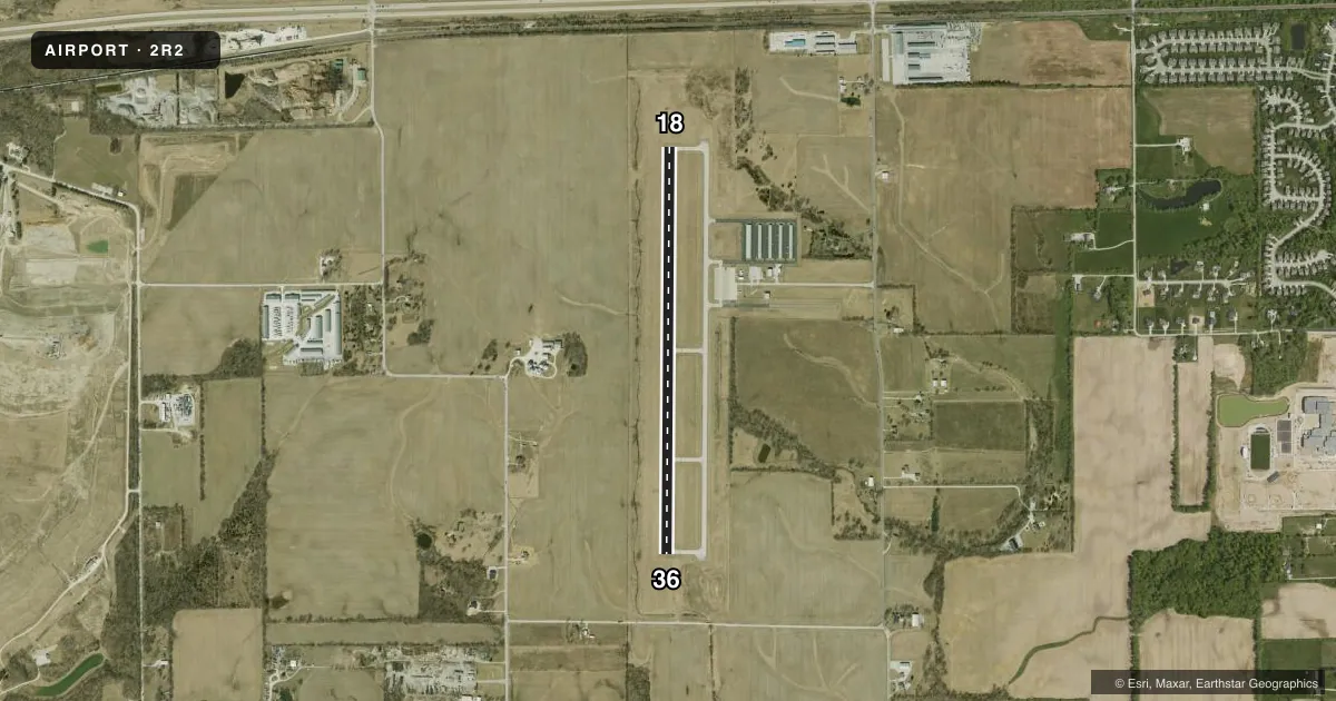 Top-down satellite sketch of 2R2 HENDRICKS COUNTY-GORDON GRAHAM FLD in INDIANAPOLIS, INDIANA, showing runways 18/36 drawn to scale over Esri World Imagery