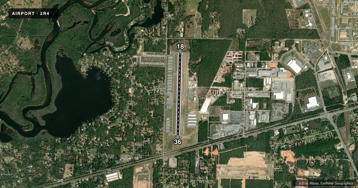 Top-down satellite sketch of 2R4 PETER PRINCE FLD in MILTON, FLORIDA, showing runways 18/36 drawn to scale over Esri World Imagery