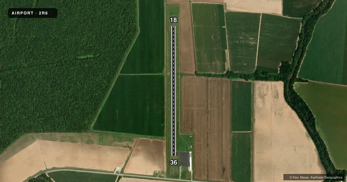 Top-down satellite sketch of 2R6 BUNKIE MUNI in BUNKIE, LOUISIANA, showing runways 18/36 drawn to scale over Esri World Imagery