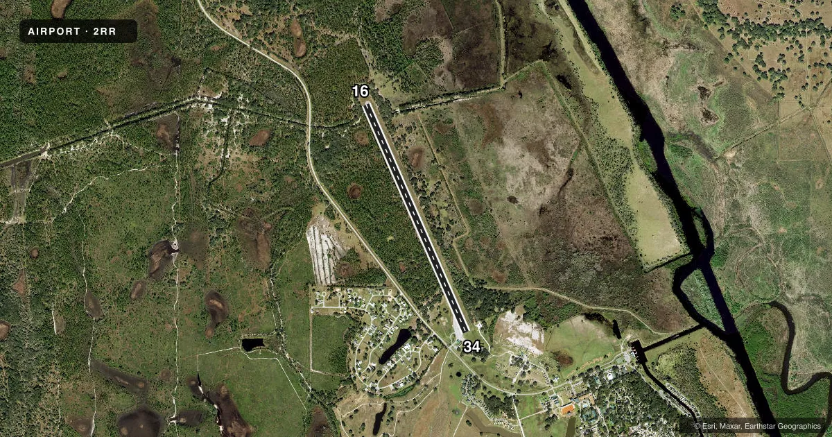 Top-down satellite sketch of 2RR RIVER RANCH RESORT in RIVER RANCH, FLORIDA, showing runways 16/34 drawn to scale over Esri World Imagery