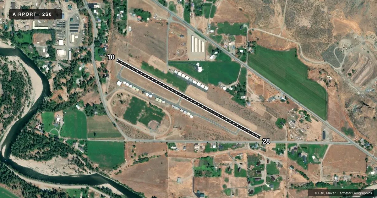Top-down satellite sketch of 2S0 TWISP MUNI in TWISP, WASHINGTON, showing runways 10/28 drawn to scale over Esri World Imagery