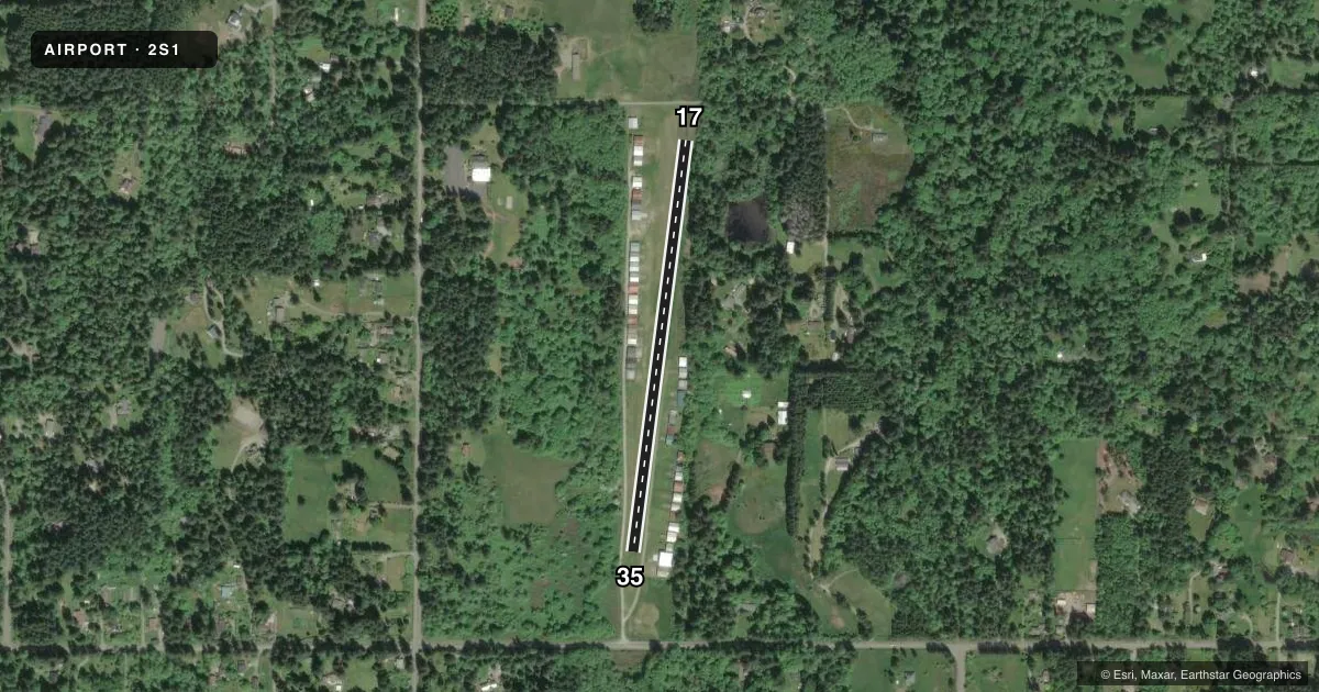 Top-down satellite sketch of 2S1 VASHON MUNI in VASHON, WASHINGTON, showing runways 17/35 drawn to scale over Esri World Imagery