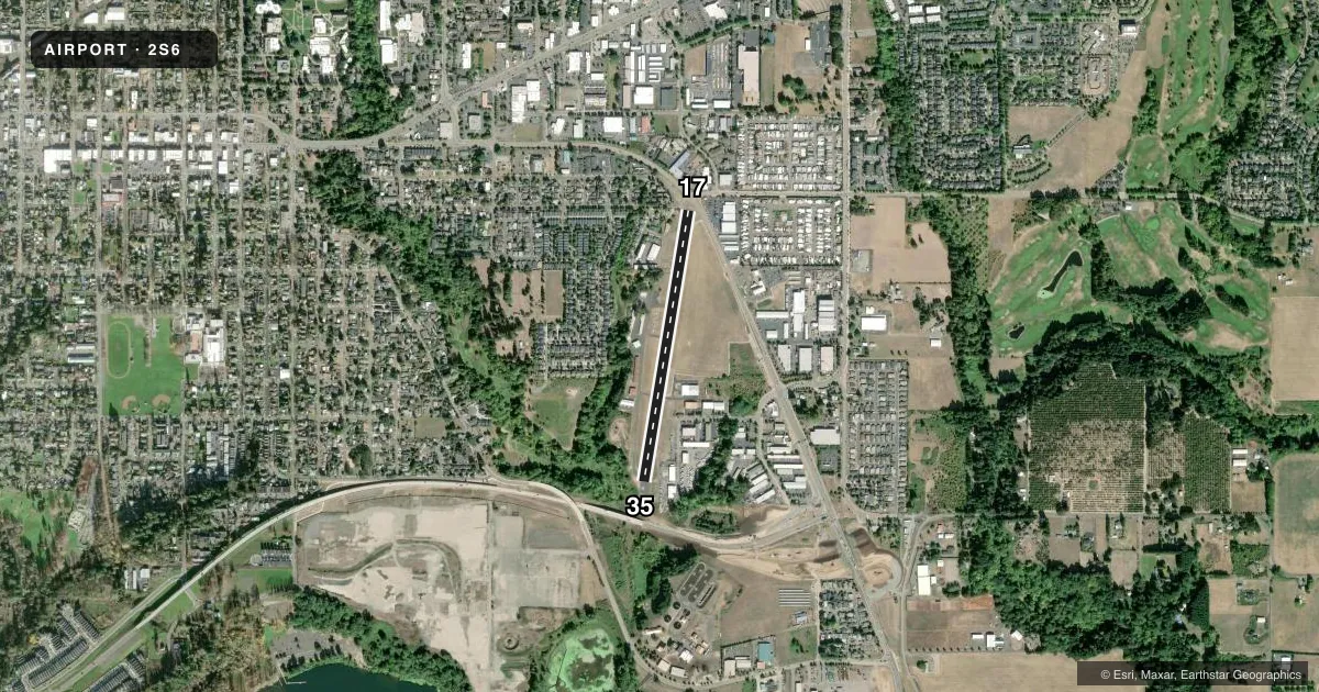 Top-down satellite sketch of 2S6 SPORTSMAN AIRPARK in NEWBERG, OREGON, showing runways 17/35 drawn to scale over Esri World Imagery