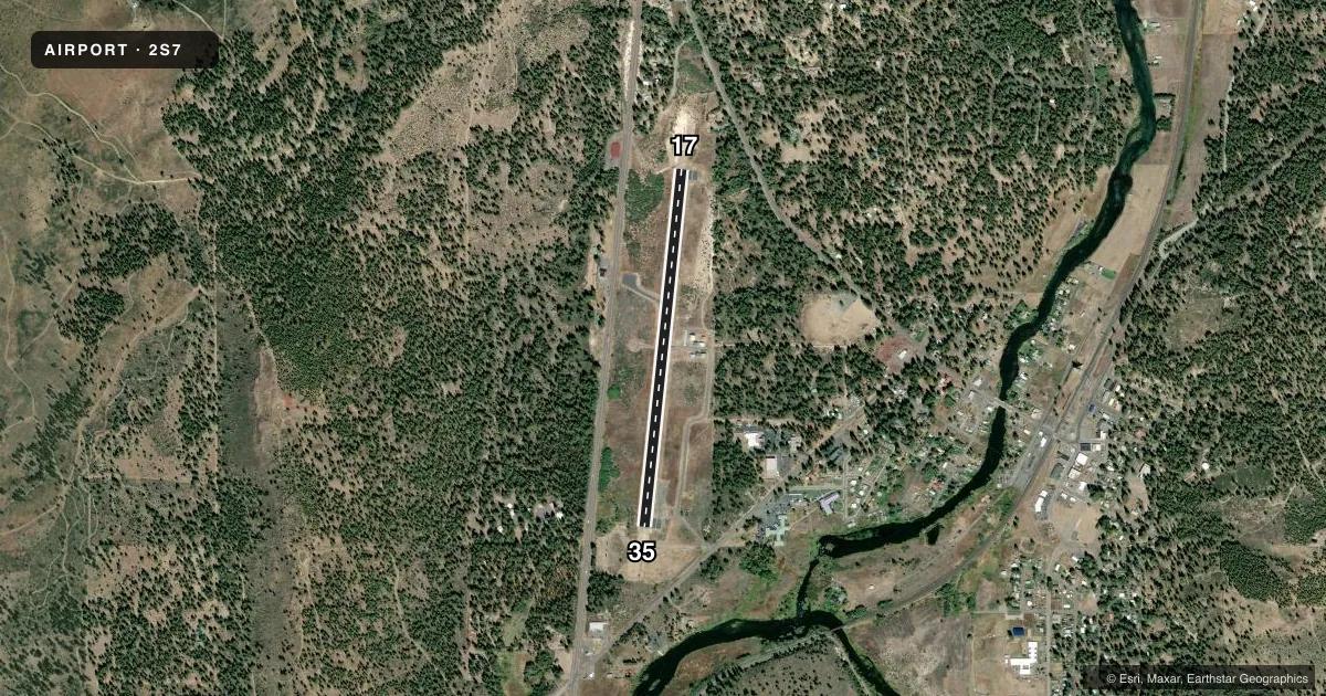 Top-down satellite sketch of 2S7 CHILOQUIN STATE in CHILOQUIN, OREGON, showing runways 17/35 drawn to scale over Esri World Imagery