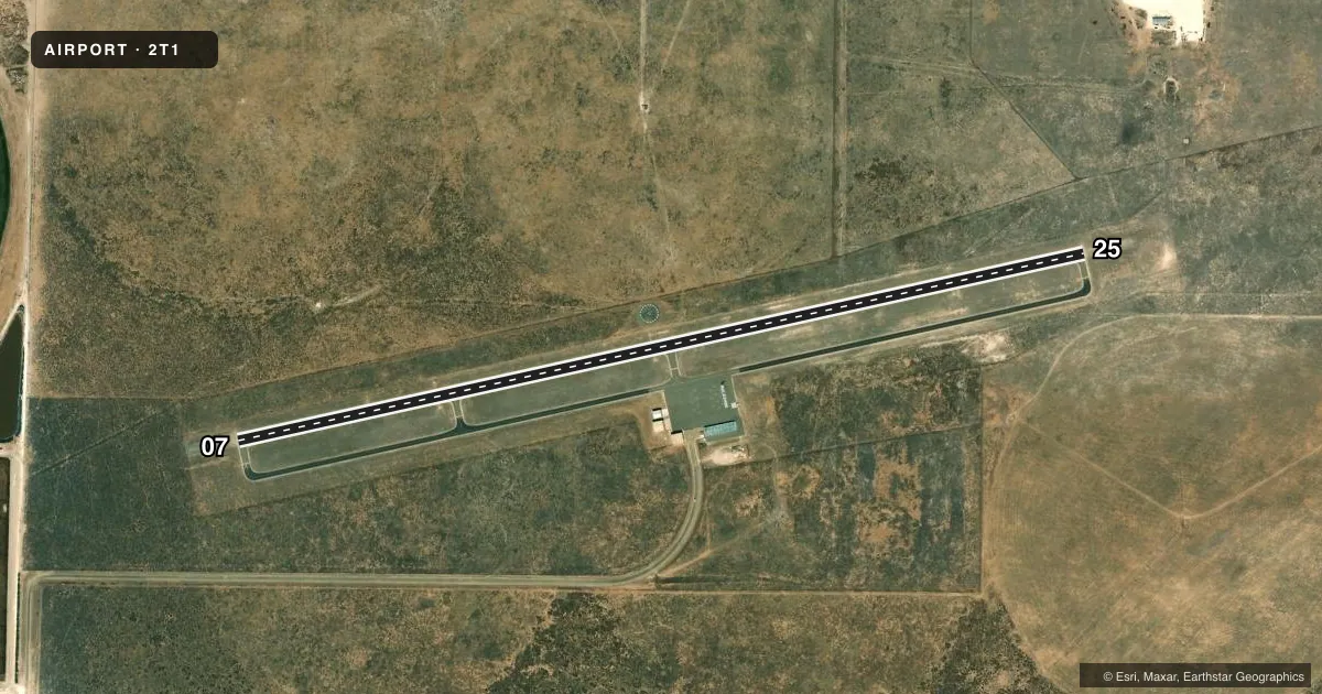 Top-down satellite sketch of 2T1 MULESHOE MUNI in MULESHOE, TEXAS, showing runways 07/25 drawn to scale over Esri World Imagery