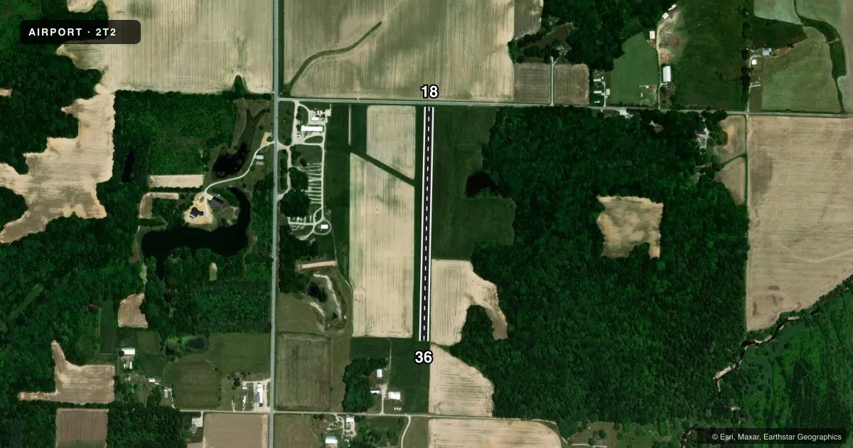 Top-down satellite sketch of 2T2 PERCIVAL SPRINGS in WATSON, ILLINOIS, showing runways 18/36 drawn to scale over Esri World Imagery