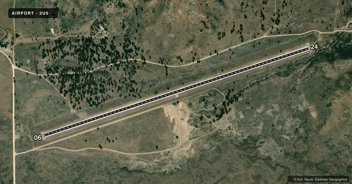 Top-down satellite sketch of 2U0 SMITH PRAIRIE in PRAIRIE, IDAHO, showing runways 06/24 drawn to scale over Esri World Imagery
