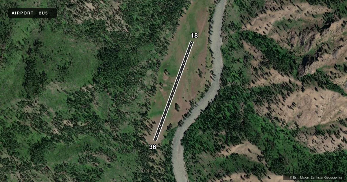 Top-down satellite sketch of 2U5 SHEARER /USFS/ in SHEARER, IDAHO, showing runways 18/36 drawn to scale over Esri World Imagery