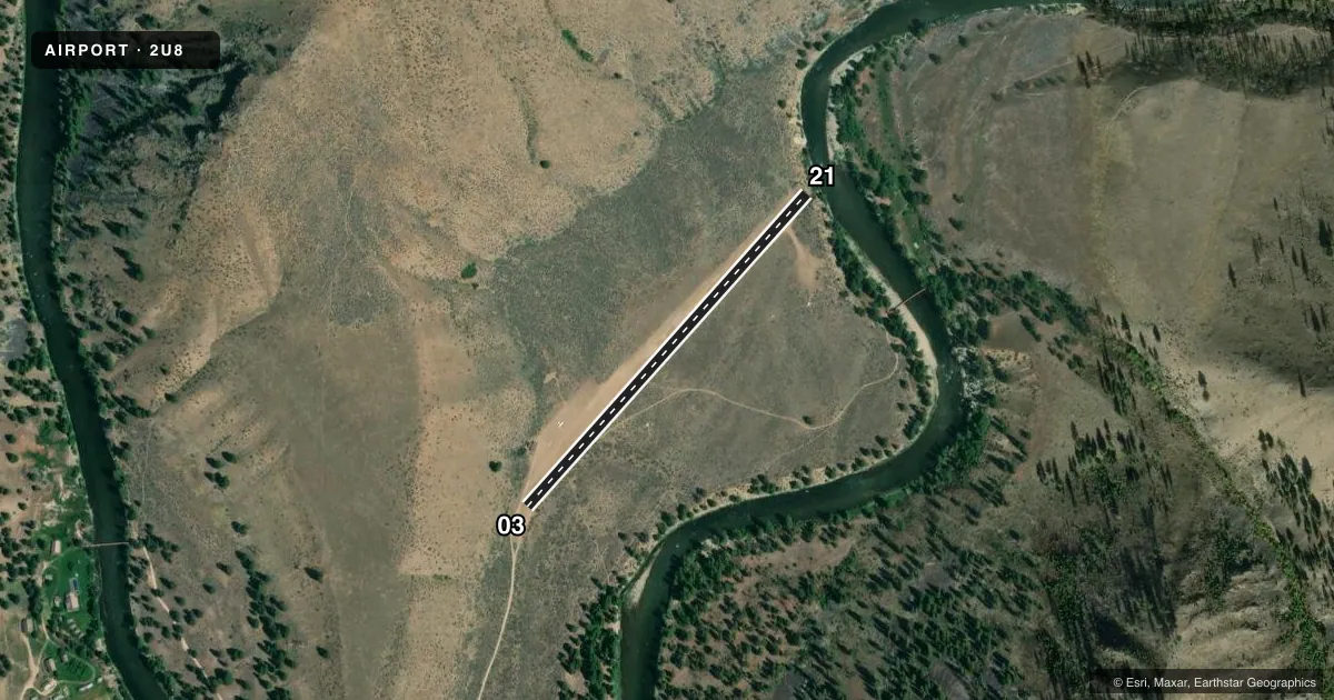 Top-down satellite sketch of 2U8 THOMAS CREEK in STANLEY, IDAHO, showing runways 03/21 drawn to scale over Esri World Imagery