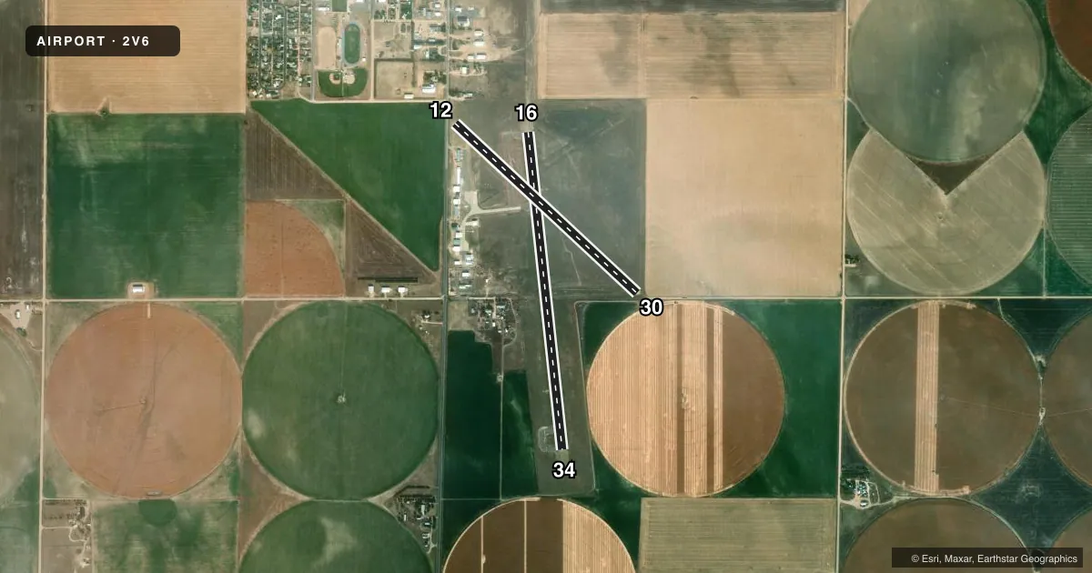 Top-down satellite sketch of 2V6 YUMA MUNI in YUMA, COLORADO, showing runways 16/34, 12/30 drawn to scale over Esri World Imagery