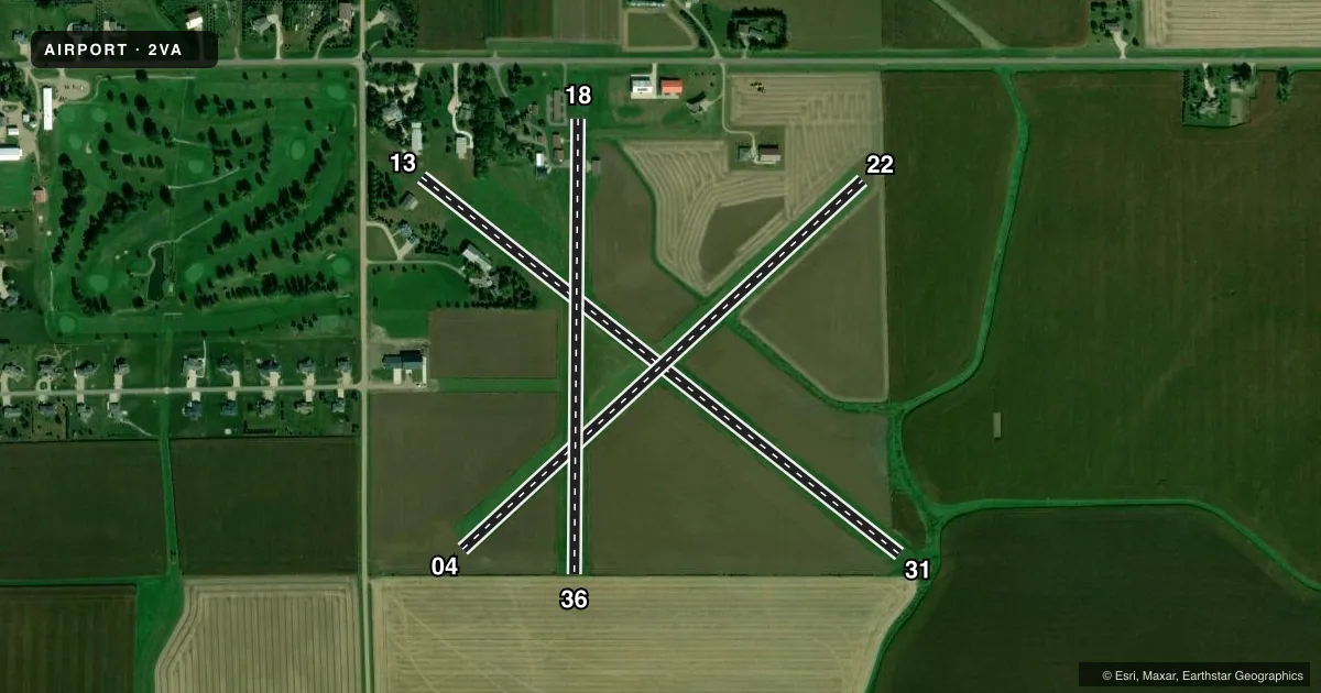 Top-down satellite sketch of 2VA ZANGGER VINTAGE AIRPARK in LARCHWOOD, IOWA, showing runways 13/31, 04/22, 18/36 drawn to scale over Esri World Imagery