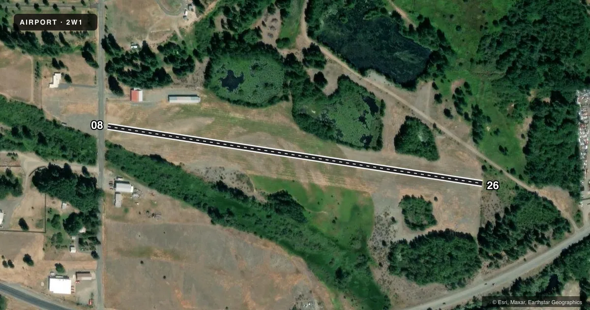 Top-down satellite sketch of 2W1 DE VERE FLD in CLE ELUM, WASHINGTON, showing runways 08/26 drawn to scale over Esri World Imagery