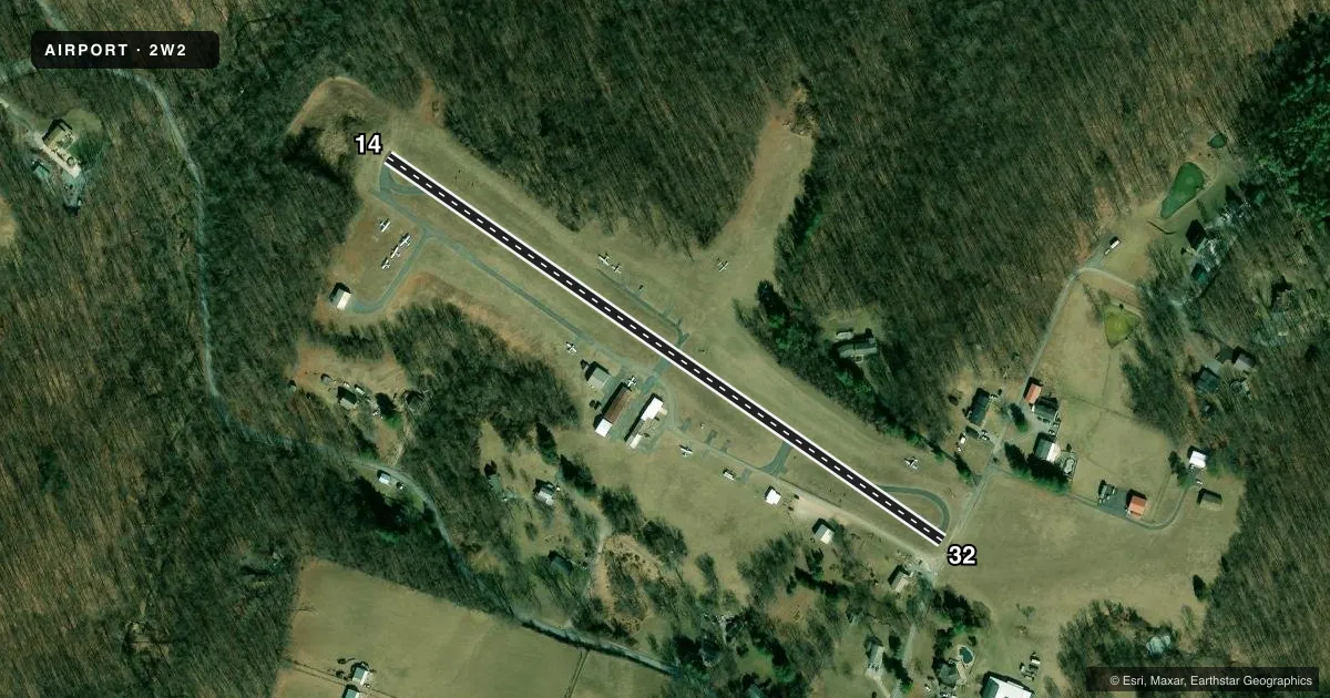 Top-down satellite sketch of 2W2 CLEARVIEW AIRPARK in WESTMINSTER, MARYLAND, showing runways 14/32 drawn to scale over Esri World Imagery