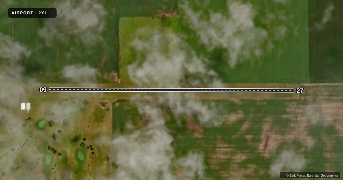 Top-down satellite sketch of 2Y1 DRAKE in RADCLIFFE, IOWA, showing runways 09/27 drawn to scale over Esri World Imagery