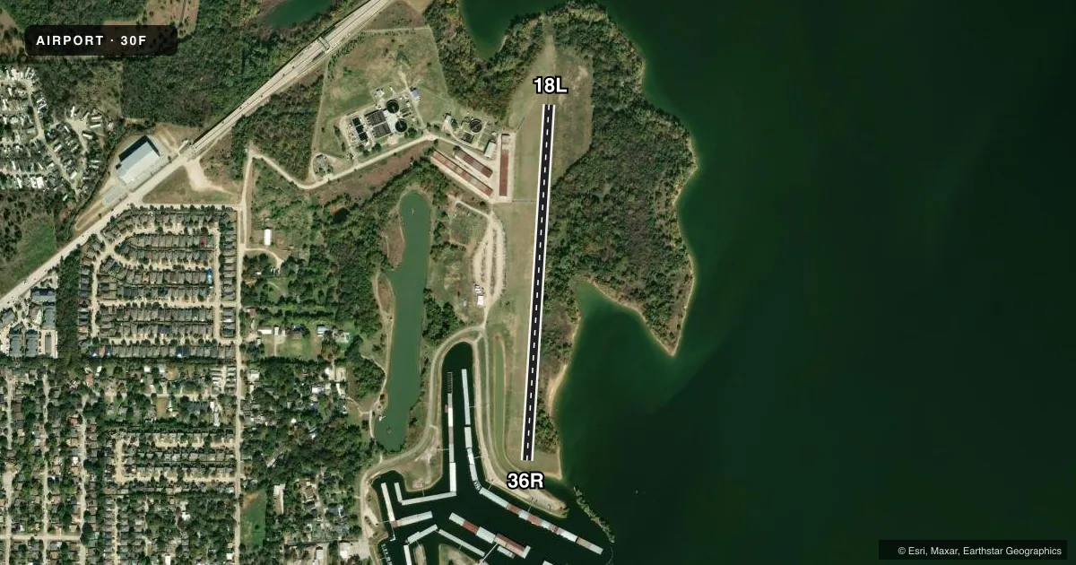 Top-down satellite sketch of 30F LAKEVIEW in LAKE DALLAS, TEXAS, showing runways 18L/36R drawn to scale over Esri World Imagery