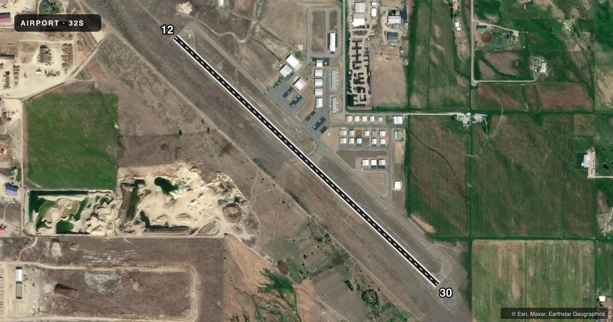 Top-down satellite sketch of 32S STEVENSVILLE in STEVENSVILLE, MONTANA, showing runways 12/30 drawn to scale over Esri World Imagery
