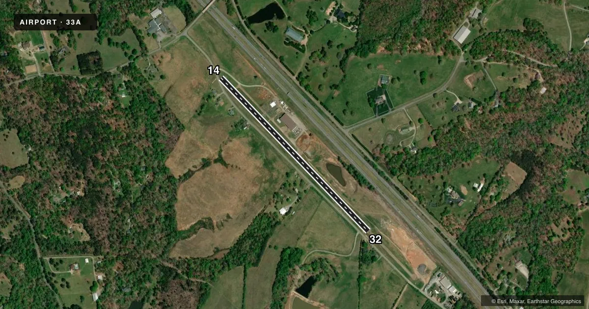 Top-down satellite sketch of 33A FAIRVIEW in LANDRUM, SOUTH CAROLINA, showing runways 14/32 drawn to scale over Esri World Imagery