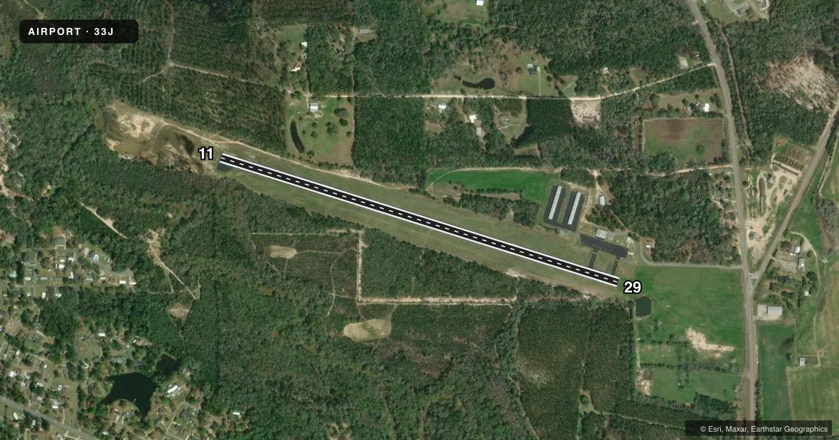 Top-down satellite sketch of 33J GENEVA MUNI in GENEVA, ALABAMA, showing runways 11/29 drawn to scale over Esri World Imagery