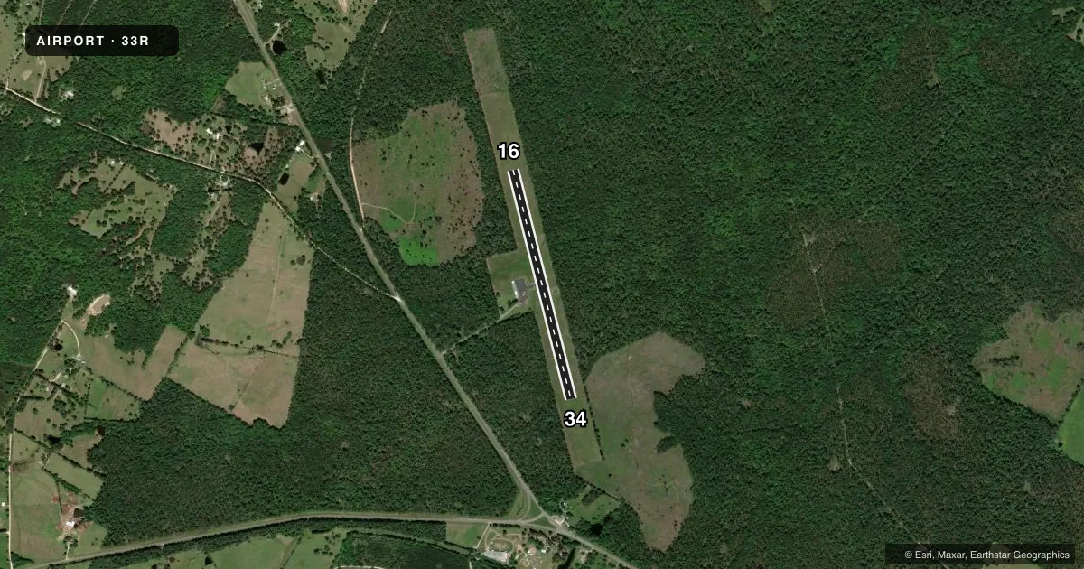 Top-down satellite sketch of 33R GROVETON/TRINITY COUNTY in GROVETON, TEXAS, showing runways 16/34 drawn to scale over Esri World Imagery