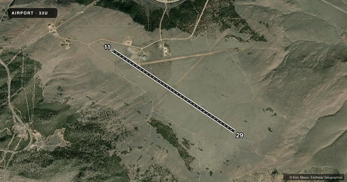 Top-down satellite sketch of 33U DUTCH JOHN in DUTCH JOHN, UTAH, showing runways 11/29 drawn to scale over Esri World Imagery