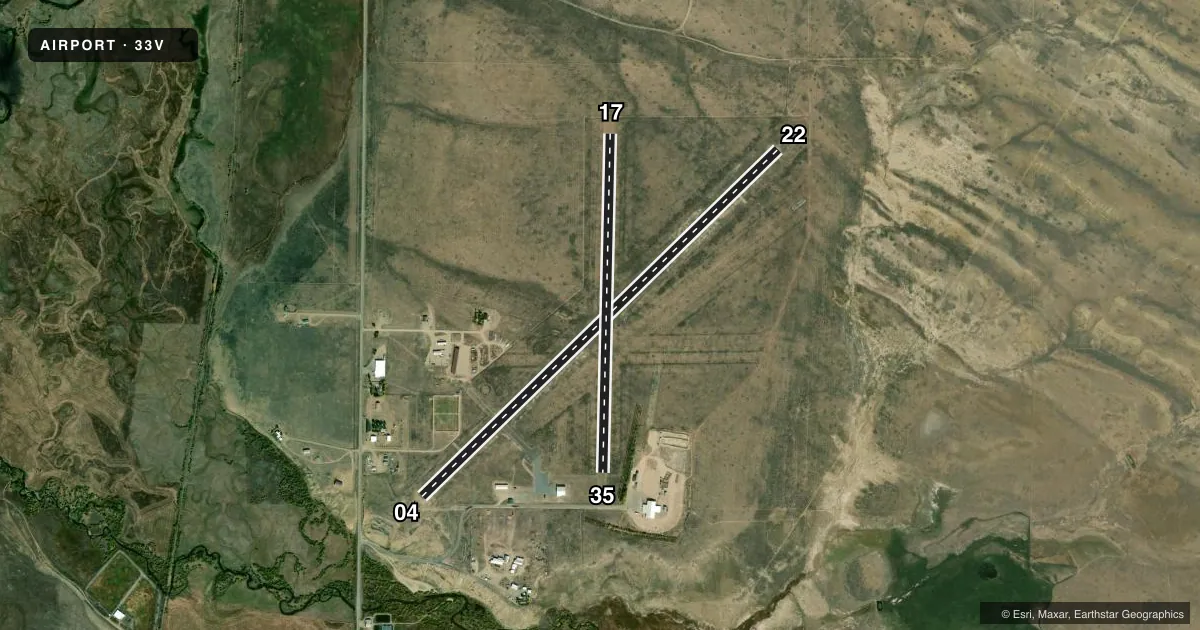 Top-down satellite sketch of 33V WALDEN-JACKSON COUNTY in WALDEN, COLORADO, showing runways 04/22, 17/35 drawn to scale over Esri World Imagery