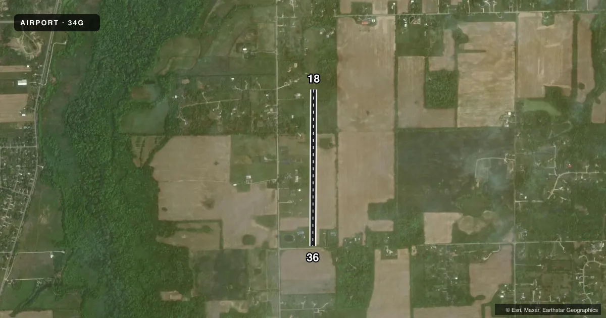 Top-down satellite sketch of 34G MERILLAT in TECUMSEH, MICHIGAN, showing runways 18/36 drawn to scale over Esri World Imagery