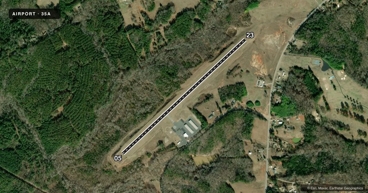 Top-down satellite sketch of 35A UNION COUNTY, TROY SHELTON FLD in UNION, SOUTH CAROLINA, showing runways 05/23 drawn to scale over Esri World Imagery