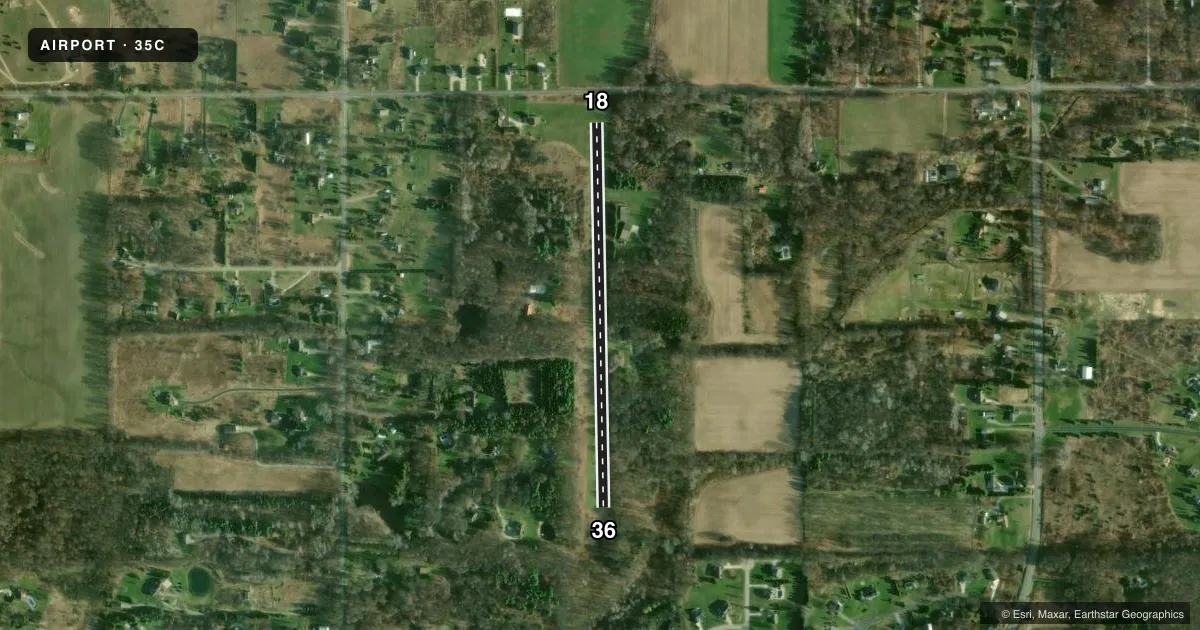 Top-down satellite sketch of 35C WELLS in ROCKFORD, MICHIGAN, showing runways 18/36 drawn to scale over Esri World Imagery