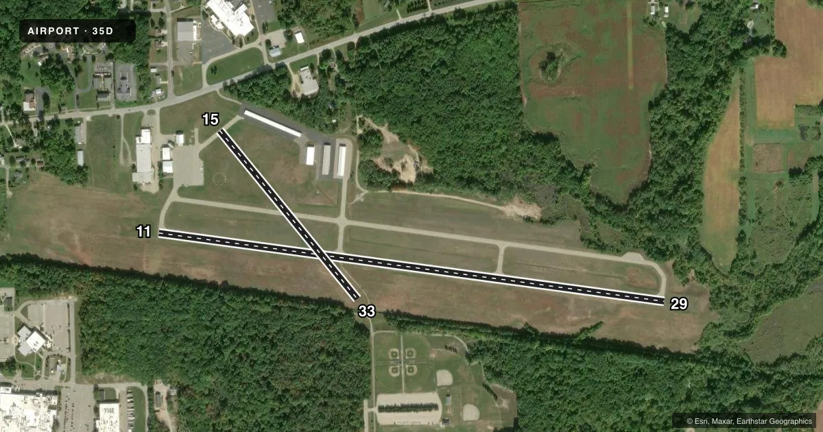 Top-down satellite sketch of 35D PADGHAM FLD in ALLEGAN, MICHIGAN, showing runways 11/29, 15/33 drawn to scale over Esri World Imagery