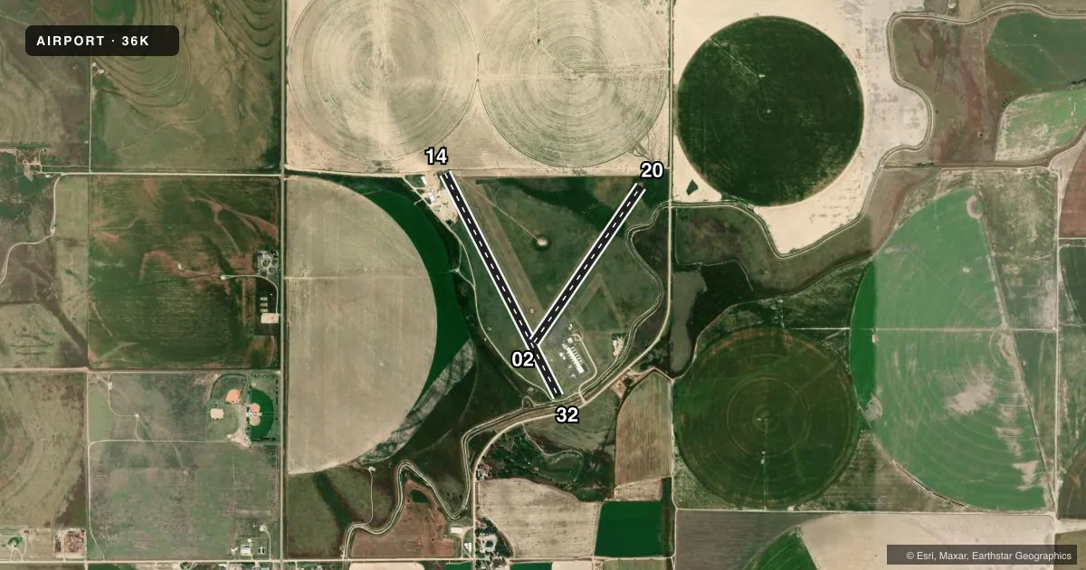 Top-down satellite sketch of 36K KEARNY COUNTY in LAKIN, KANSAS, showing runways 14/32, 02/20 drawn to scale over Esri World Imagery