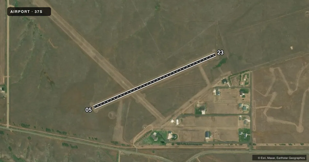 Top-down satellite sketch of 37S FORT PECK in FORT PECK, MONTANA, showing runways 05/23 drawn to scale over Esri World Imagery