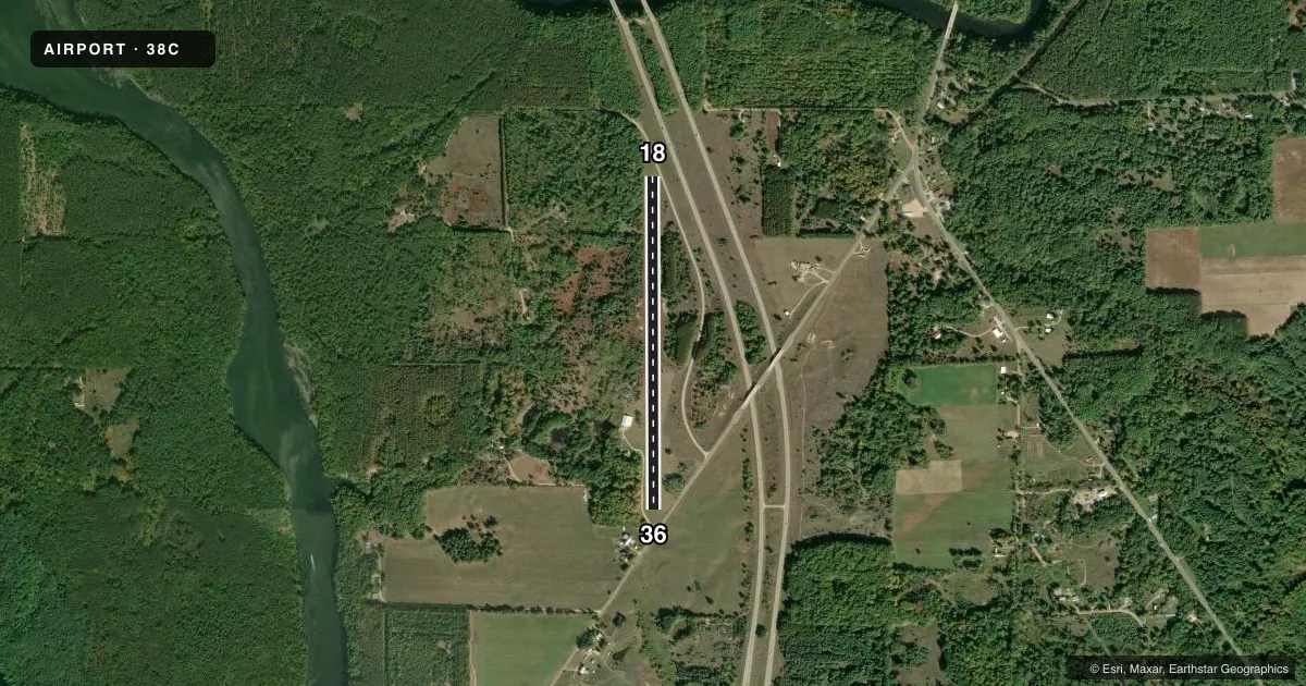 Top-down satellite sketch of 38C CAIN FLD in STANWOOD, MICHIGAN, showing runways 18/36 drawn to scale over Esri World Imagery