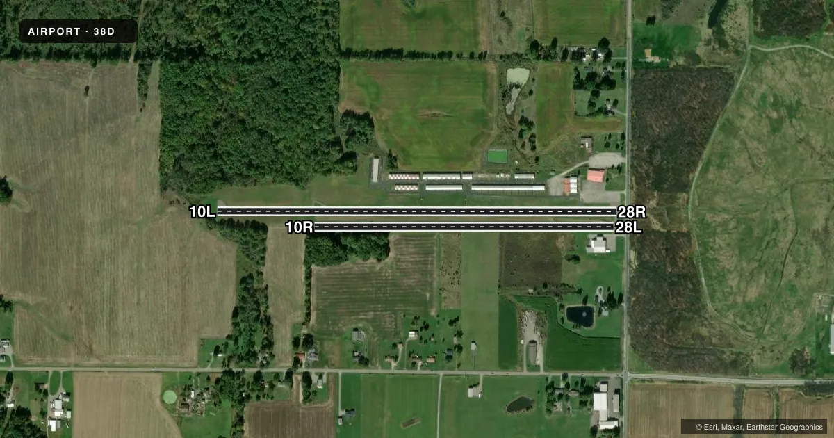 Top-down satellite sketch of 38D SALEM AIRPARK in SALEM, OHIO, showing runways 10L/28R, 10R/28L drawn to scale over Esri World Imagery