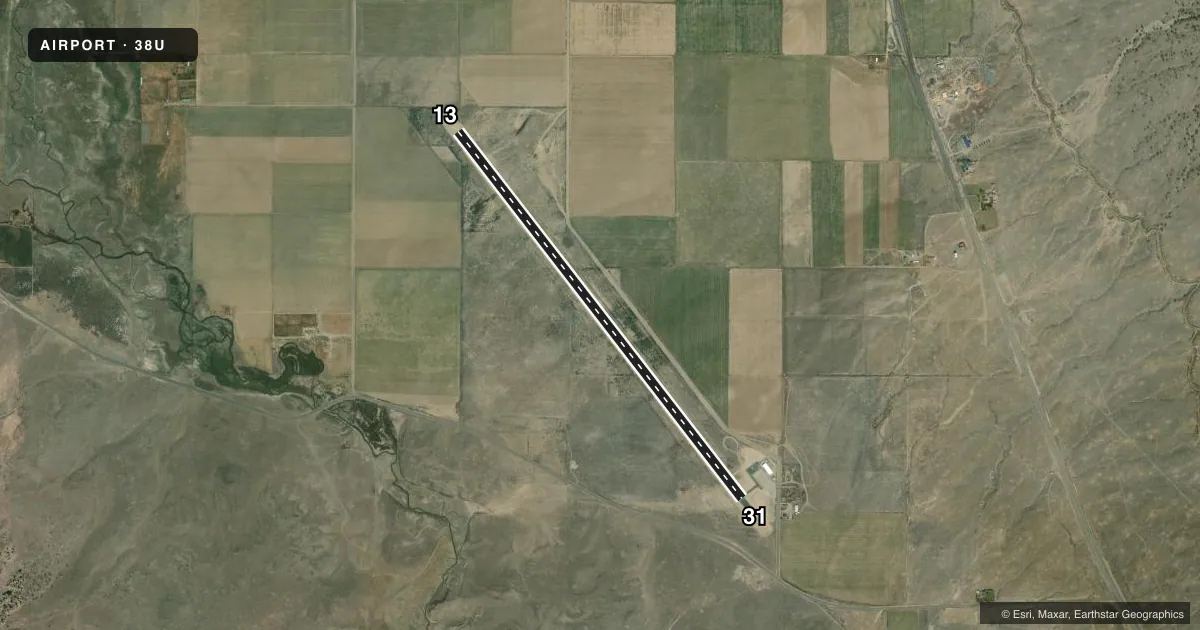 Top-down satellite sketch of 38U WAYNE WONDERLAND in LOA, UTAH, showing runways 13/31 drawn to scale over Esri World Imagery