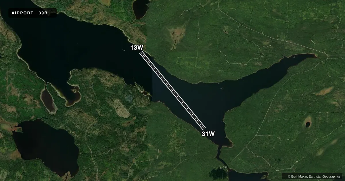 Top-down satellite sketch of 39B NUGENT CHAMBERLAIN LAKE in CHESUNCOOK, MAINE, showing runways 13W/31W drawn to scale over Esri World Imagery