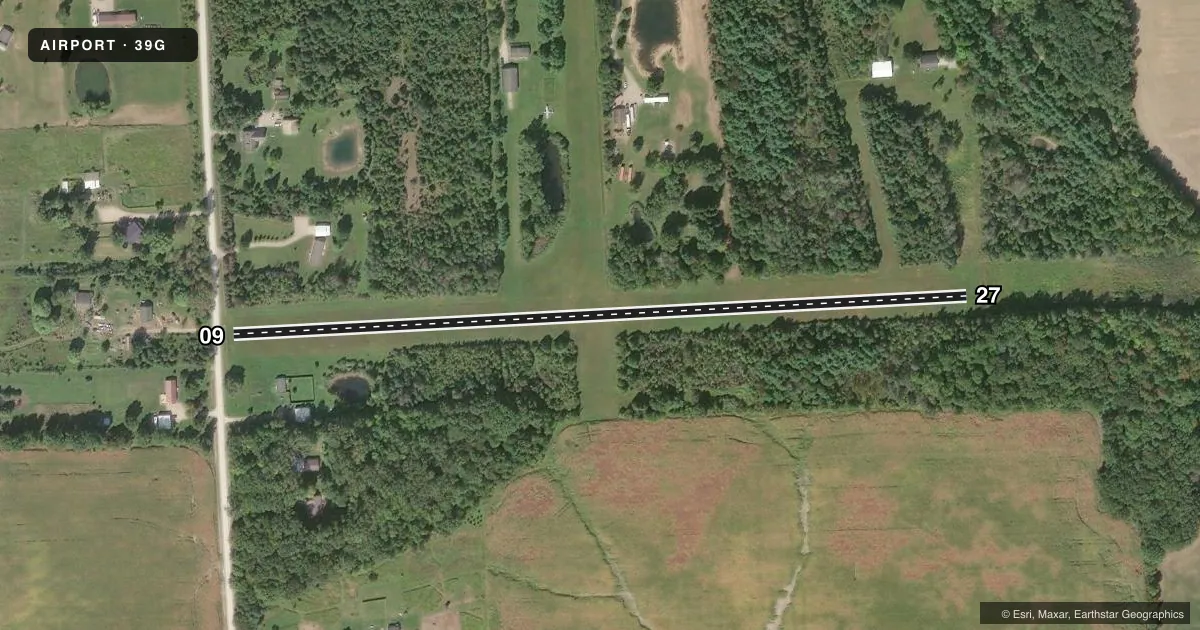 Top-down satellite sketch of 39G AVOCA in AVOCA, MICHIGAN, showing runways 09/27 drawn to scale over Esri World Imagery
