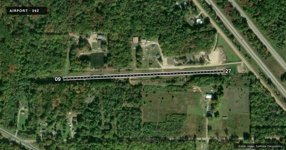 Top-down satellite sketch of 39Z FLYING-A-RANCH in FRUITPORT, MICHIGAN, showing runways 09/27 drawn to scale over Esri World Imagery