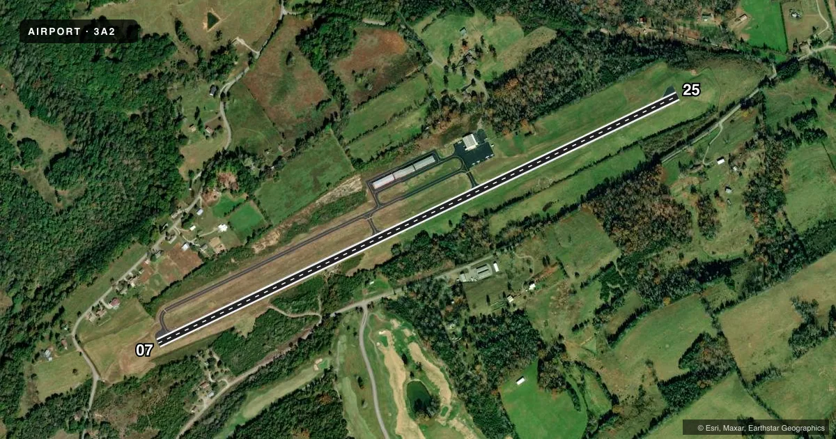 Top-down satellite sketch of 3A2 NEW TAZEWELL MUNI in TAZEWELL, TENNESSEE, showing runways 07/25 drawn to scale over Esri World Imagery