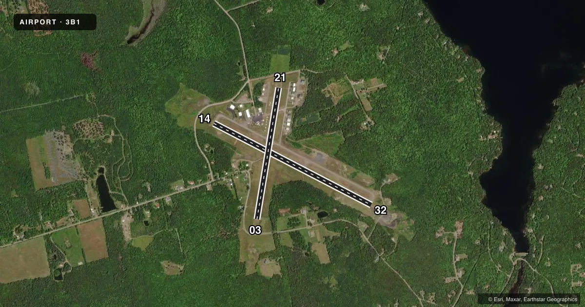 Top-down satellite sketch of 3B1 GREENVILLE MUNI in GREENVILLE, MAINE, showing runways 14/32, 03/21 drawn to scale over Esri World Imagery