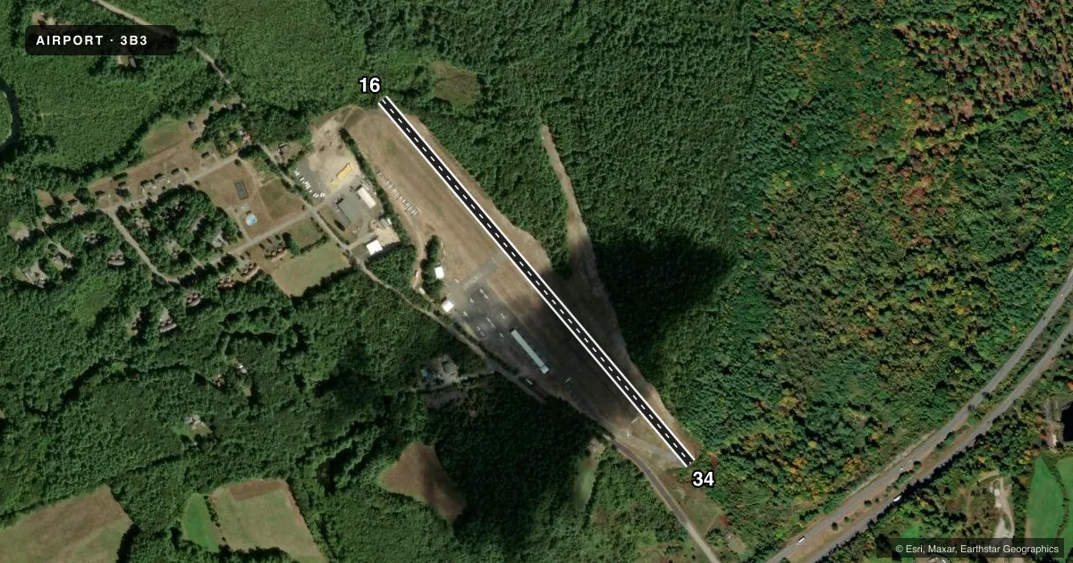 Top-down satellite sketch of 3B3 STERLING in STERLING, MASSACHUSETTS, showing runways 16/34 drawn to scale over Esri World Imagery