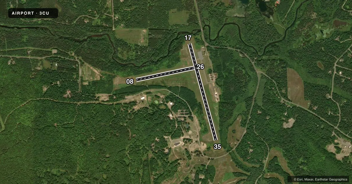 Top-down satellite sketch of 3CU CABLE UNION in CABLE, WISCONSIN, showing runways 17/35, 08/26 drawn to scale over Esri World Imagery