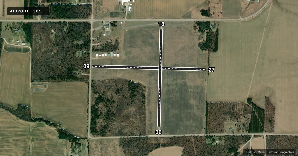 Top-down satellite sketch of 3D1 CRIVITZ MUNI in CRIVITZ, WISCONSIN, showing runways 09/27, 18/36 drawn to scale over Esri World Imagery