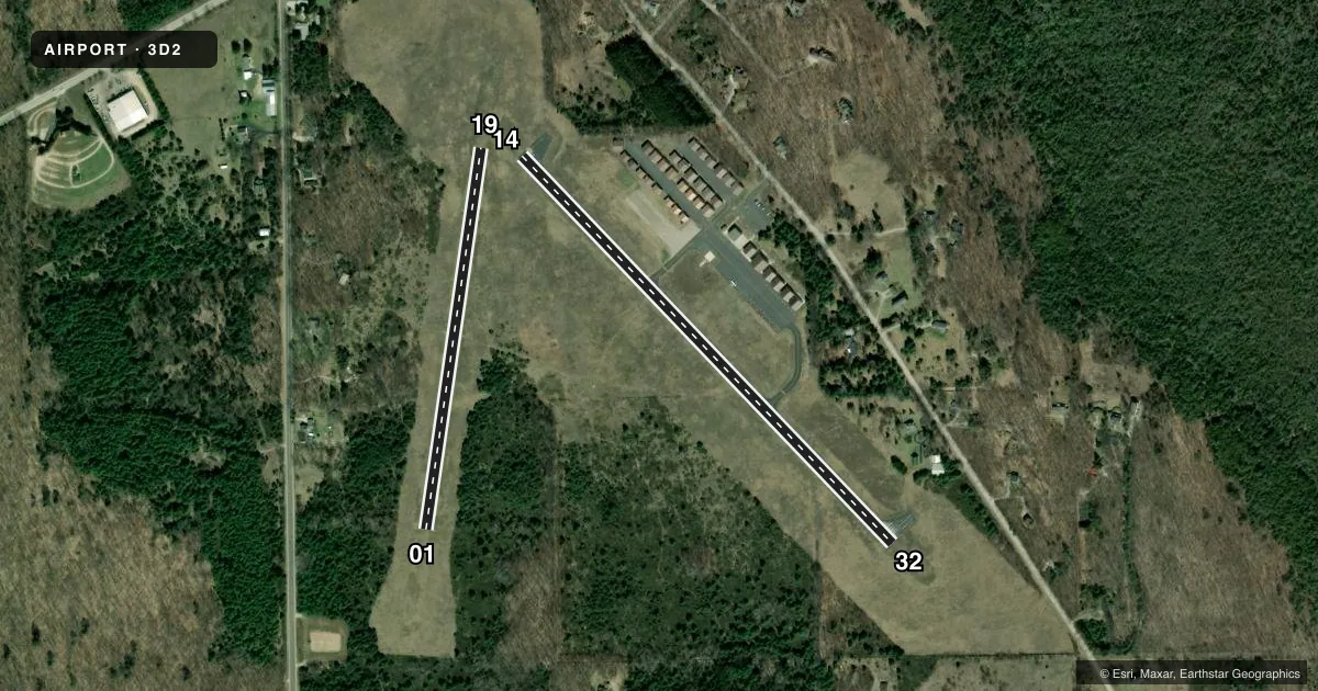 Top-down satellite sketch of 3D2 EPHRAIM/GIBRALTAR in EPHRAIM, WISCONSIN, showing runways 14/32, 01/19 drawn to scale over Esri World Imagery