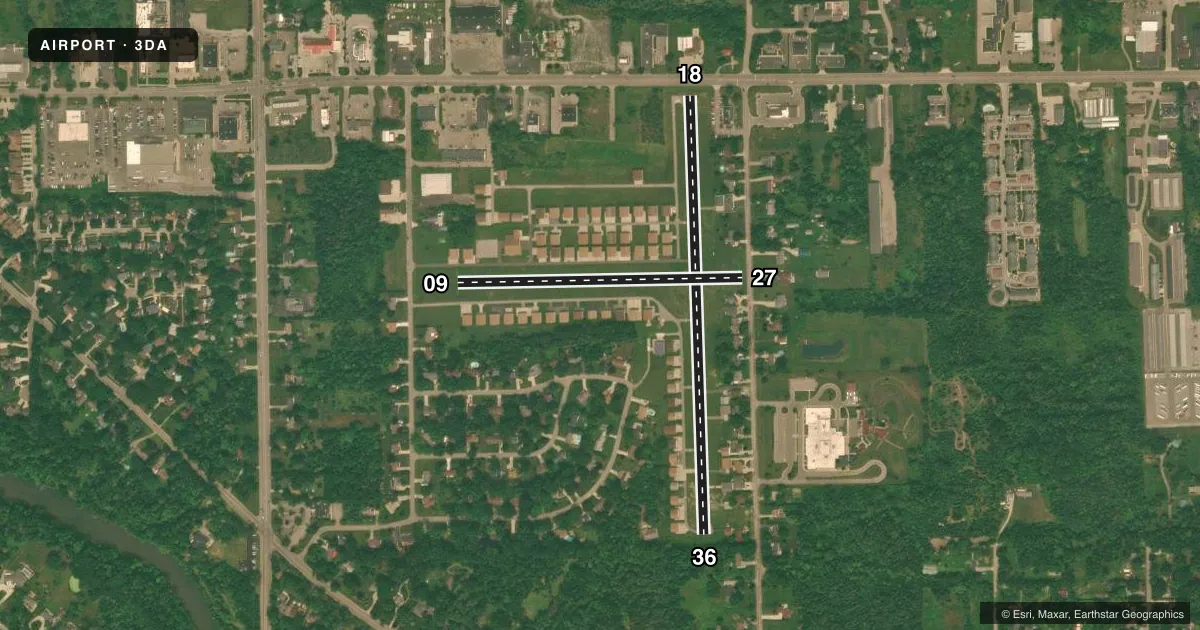 Top-down satellite sketch of 3DA DALTON in FLUSHING, MICHIGAN, showing runways 18/36, 09/27 drawn to scale over Esri World Imagery