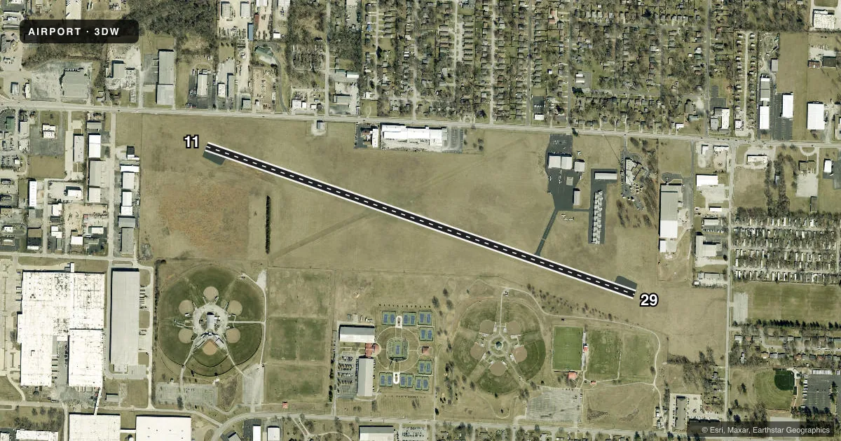 Top-down satellite sketch of 3DW DOWNTOWN in SPRINGFIELD, MISSOURI, showing runways 11/29 drawn to scale over Esri World Imagery