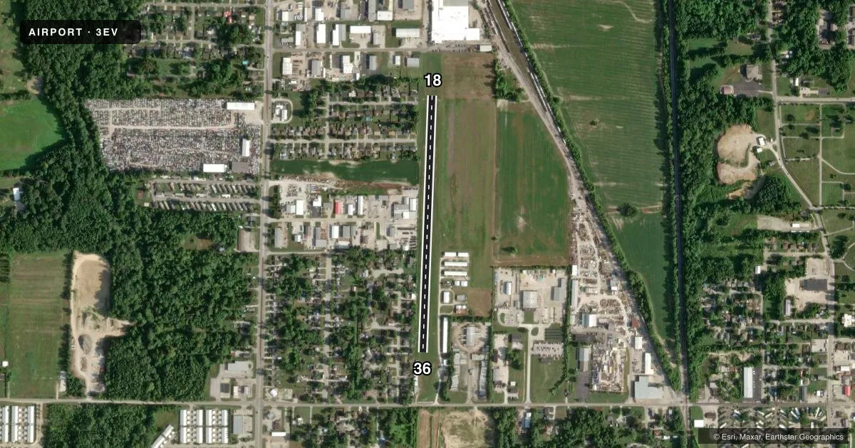 Top-down satellite sketch of 3EV SKYLANE in EVANSVILLE, INDIANA, showing runways 18/36 drawn to scale over Esri World Imagery