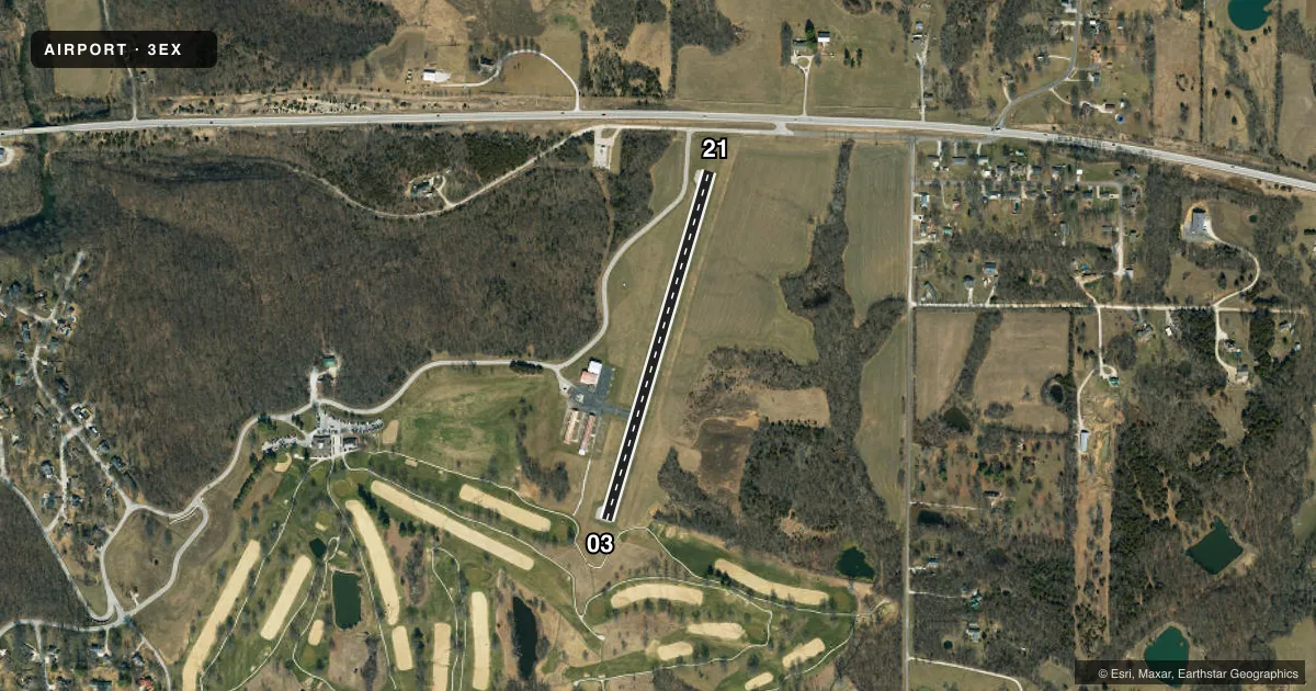 Top-down satellite sketch of 3EX EXCELSIOR SPRINGS MEML in EXCELSIOR SPRINGS, MISSOURI, showing runways 03/21 drawn to scale over Esri World Imagery