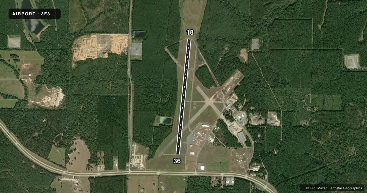 Top-down satellite sketch of 3F3 C E 'RUSTY' WILLIAMS in MANSFIELD, LOUISIANA, showing runways 18/36 drawn to scale over Esri World Imagery