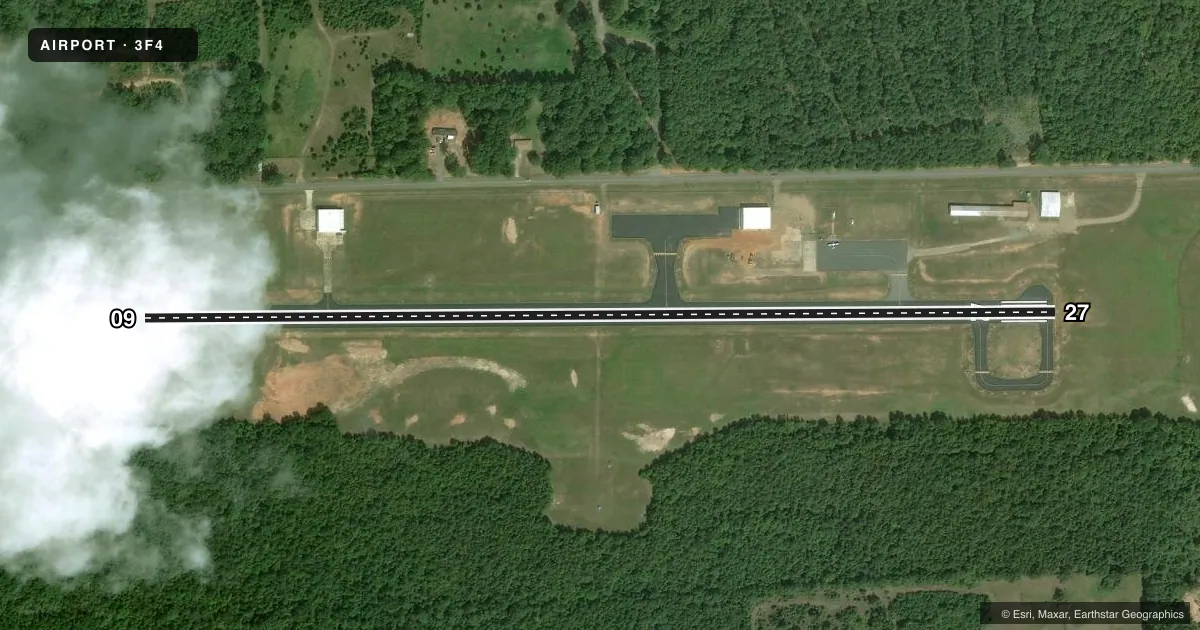 Top-down satellite sketch of 3F4 VIVIAN in VIVIAN, LOUISIANA, showing runways 09/27 drawn to scale over Esri World Imagery