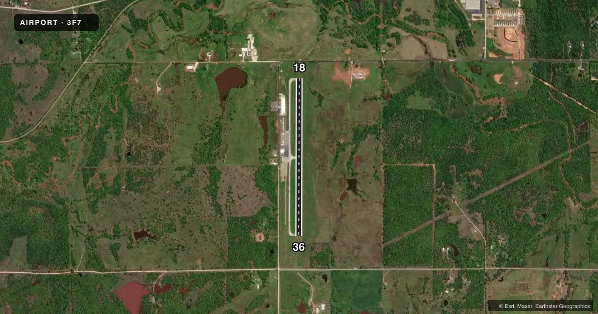 Top-down satellite sketch of 3F7 JONES MEML in BRISTOW, OKLAHOMA, showing runways 18/36 drawn to scale over Esri World Imagery